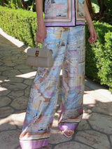 Unique Contrast Patchwork Print Loose Elastic Waist Pocket Wide Leg Pants