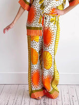 Casual Unique Satin Sun Print Loose Elastic Waist Drawstring Pocket Wide Leg Pants