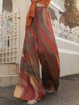 Casual Bell-Sleeve Tie-Up Top with Colorful Print High-Waisted Wide-Leg Pants Set