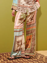 Unique Satin Floral Print Button-Up Shirt with Elastic Waist Pockets And Wide-Leg Pants Set