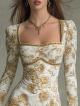 Elegant Vintage-style Rose Print Velvet Mini Dress