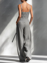 Women's Minimalist Linen Blend Gray Spaghetti-Strap Square-Neck Tie-Waist Wide-Leg Jumpsuit MDA2666L5AU