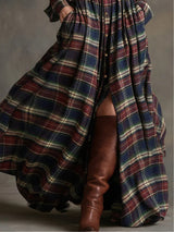Retro plaid lapel long-sleeved maxi dress (including belt)