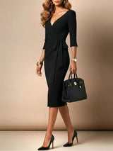 Black V-neck tie-waist slim-fit midi dress
