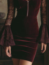 Velvet & Lace Bodycon Mini Dress In Burgundy
