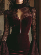 Velvet & Lace Bodycon Mini Dress In Burgundy