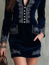 Vintage Embroidered Fitted Velvet Mini Dress
