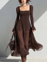 Vintage Square-neck Sheer Sleeves Flare Midi Dress