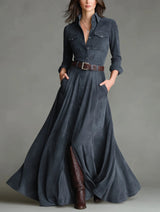 Faux suede shirt collar single-breasted belted floor-length dress(Includes belt)