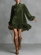 Loose-fitting Velvet Mini Dress With Bow Tie Neckline