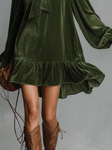 Loose-fitting Velvet Mini Dress With Bow Tie Neckline