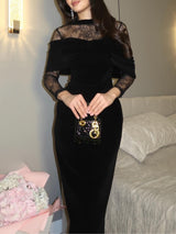 Black Velvet Lace-trimmed Fitted Maxi Dress