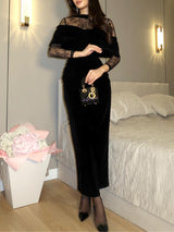 Black Velvet Lace-trimmed Fitted Maxi Dress