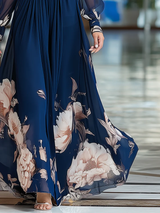 Navy Blue V-neck Tulle Sleeve Pleated Floral Maxi Dress