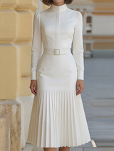 White Turtleneck Long-sleeved Pleated Midi Dress (with belt)