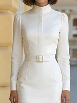White Turtleneck Long-sleeved Pleated Midi Dress (with belt)