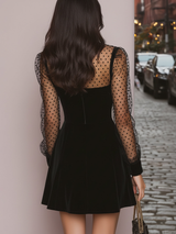 Black Velvet Polka Dot Sheer Sleeve Mini Dress