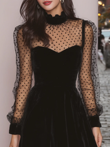 Black Velvet Polka Dot Sheer Sleeve Mini Dress