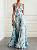 Light Blue Floral Print Chiffon V-neck Sleeveless Maxi Dress