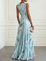 Light Blue Floral Print Chiffon V-neck Sleeveless Maxi Dress