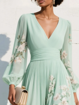 Light Green V-Neck Chiffon Pleated Floral Midi Dress
