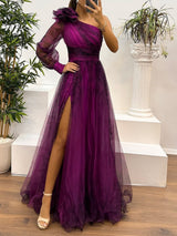 One Shoulder Mesh Abstract Gradient Print Maxi Dress