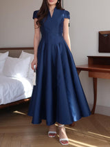 Elegant Dark Blue V-neck Long Dress