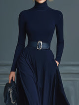 Dark Blue Knitted High-neck Dress（No belt）