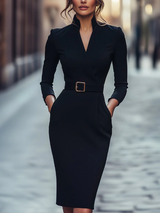Black Stand Collar Drawstring Shift Midi Dress