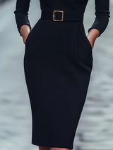Black Stand Collar Drawstring Shift Midi Dress