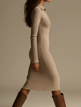 Beige Ribbed Knit Lapel Midi Dress