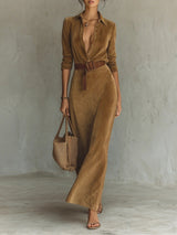 Suede Single-breasted Lapel Maxi Dress