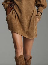 Brown Loose Suede Zipper Turtleneck Mini Dress