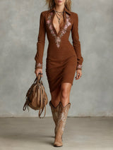 Beige Slim Suede Neck Floral Lapel Midi Dress