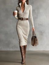 Slim Fit Half Turtleneck V-Neck Long Sleeve Knitted Belted Midi Dress（with belt）