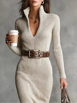 Slim Fit Half Turtleneck V-Neck Long Sleeve Knitted Belted Midi Dress（with belt）
