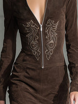 Dark Brown Faux Suede Embroidered Mini Dress