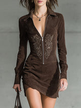 Dark Brown Faux Suede Embroidered Mini Dress