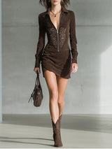 Dark Brown Faux Suede Embroidered Mini Dress