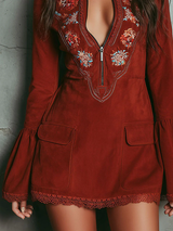 Vintage Rust Red Bell Sleeve Embroidered Faux Suede Lace Mini Dress