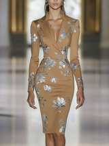 Elegant Blue Floral Print Blazer Midi Dress