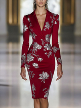 Elegant Blue Floral Print Blazer Midi Dress