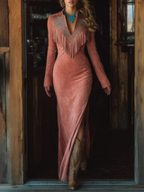 Vintage Western Tassel Embroidered Pink Faux Suede Maxi Dress
