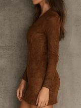 Vintage Caramel Brown Lace Trim And Zip Front Suede Mini Dress