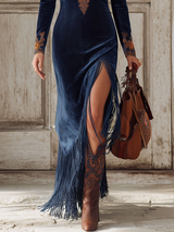 Ethnic Embroidery Navy Blue Faux Suede Slit Tassel Maxi Dress