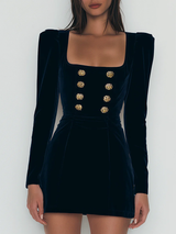 Elegant Navy Velvet Gold Buttons Mini Dress