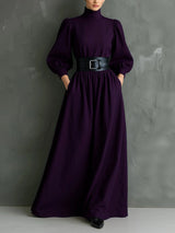 Elegant Dark Purple Turtleneck Long-sleeved Fitted Maxi Dress (with belt)