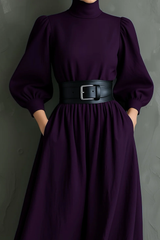 Elegant Dark Purple Turtleneck Long-sleeved Fitted Maxi Dress (with belt)