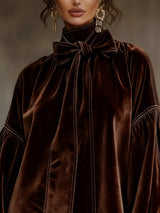 Dark Brown Velvet Bow Lantern Sleeve Mini Dress