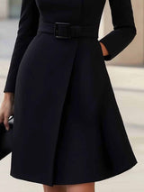 Elegant High-neck Tie-waist A-line Midi Dress (with belt)